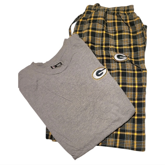 Team Apparel Green Bay Packers Gray Tee Green Yellow Plaid Pants Size Large - Picture 1 of 11